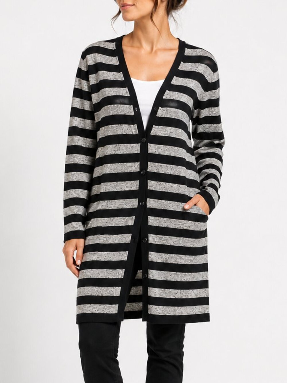 J.Jill Wearever Black Gray Striped Long Cardigan Duster M